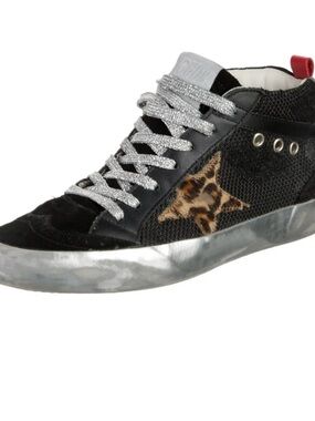 Golden Goose Black High-Top Sneaker with Leopard Star Accent, size 36/ US 6